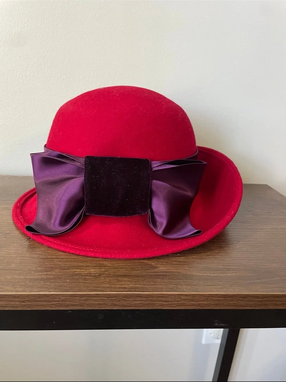Red Wool Cloche Hat with Purple Bow